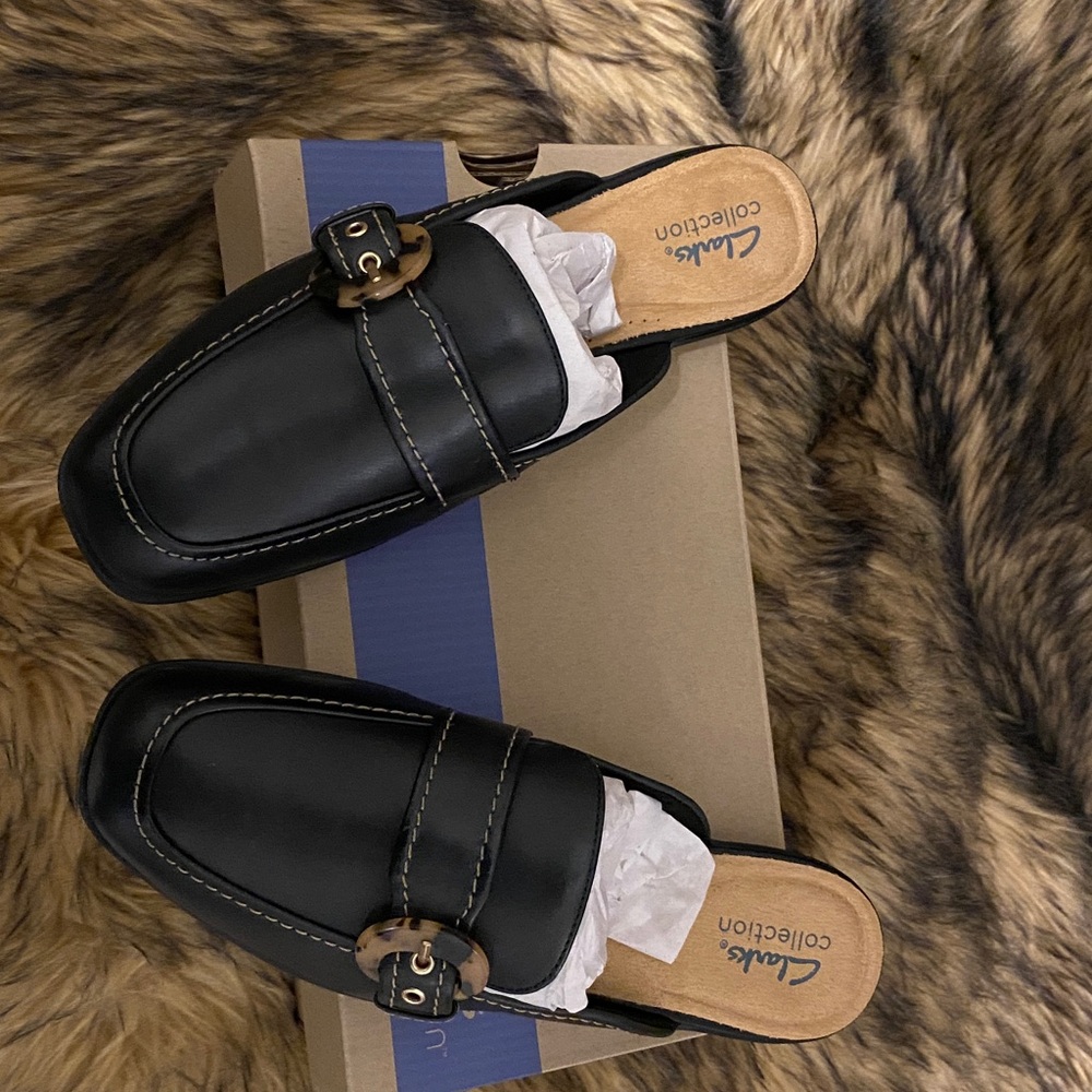Clarks Black Slip-On Mules with Buckle